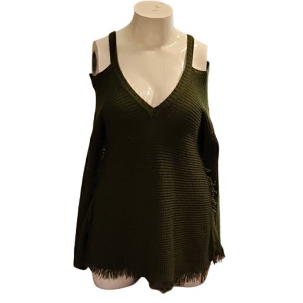 Green Frill V-neck Cold Shoulder Sweater